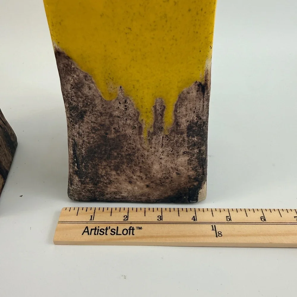 Vintage Studio Pottery Square Bottles Pair Mustard Yellow Drip Glaze Modern